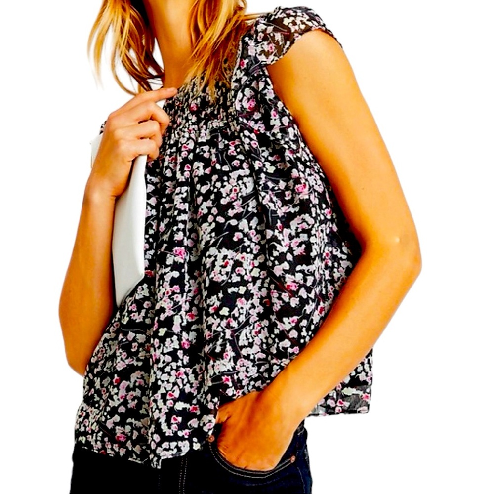 Banana Republic Medium Black Micro Floral Striped Smocked Ruffle Blouse
